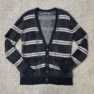 Rubbish Cardigan Sweater Womens Small Black Striped Knit V Neck Furry Librarian